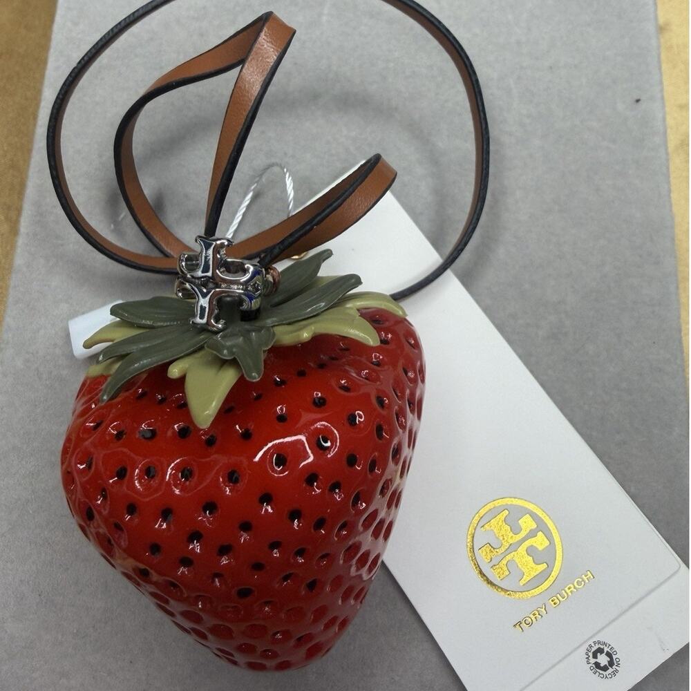 Tory Burch Red Strawberry Bag Charm Fun 3D Fruit Keychain Silver Tone TB Logo